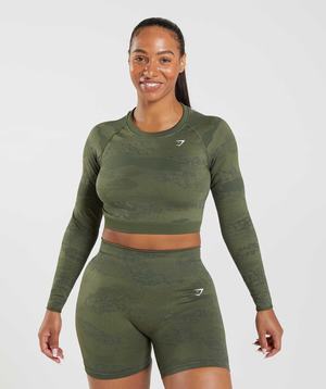 Gymshark Adapt Camo Seamless Kanten Up Back Topjes Olijfgroen Olijfgroen | WXVK90134