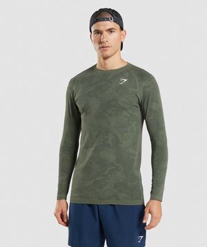 Gymshark Geo Seamless Long Sleeve T-shirts Olijfgroen Zwart | OFWT79805