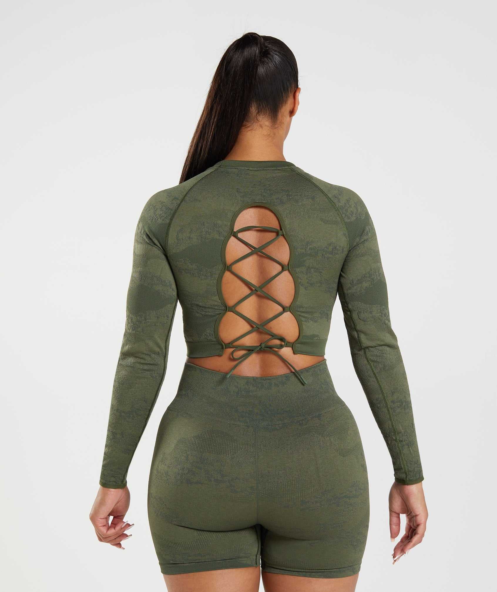 Gymshark Adapt Camo Seamless Kanten Up Back Topjes Olijfgroen Olijfgroen | ZRKE97023