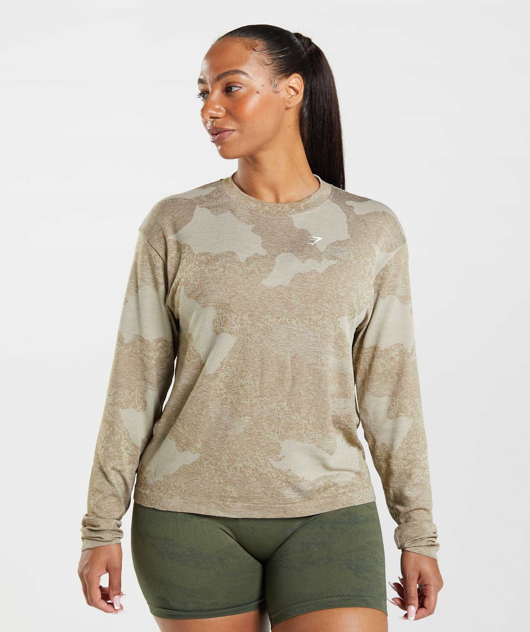 Gymshark Adapt Camo Seamless Long Sleeve Topjes Grijs Bruin | DZKV05187