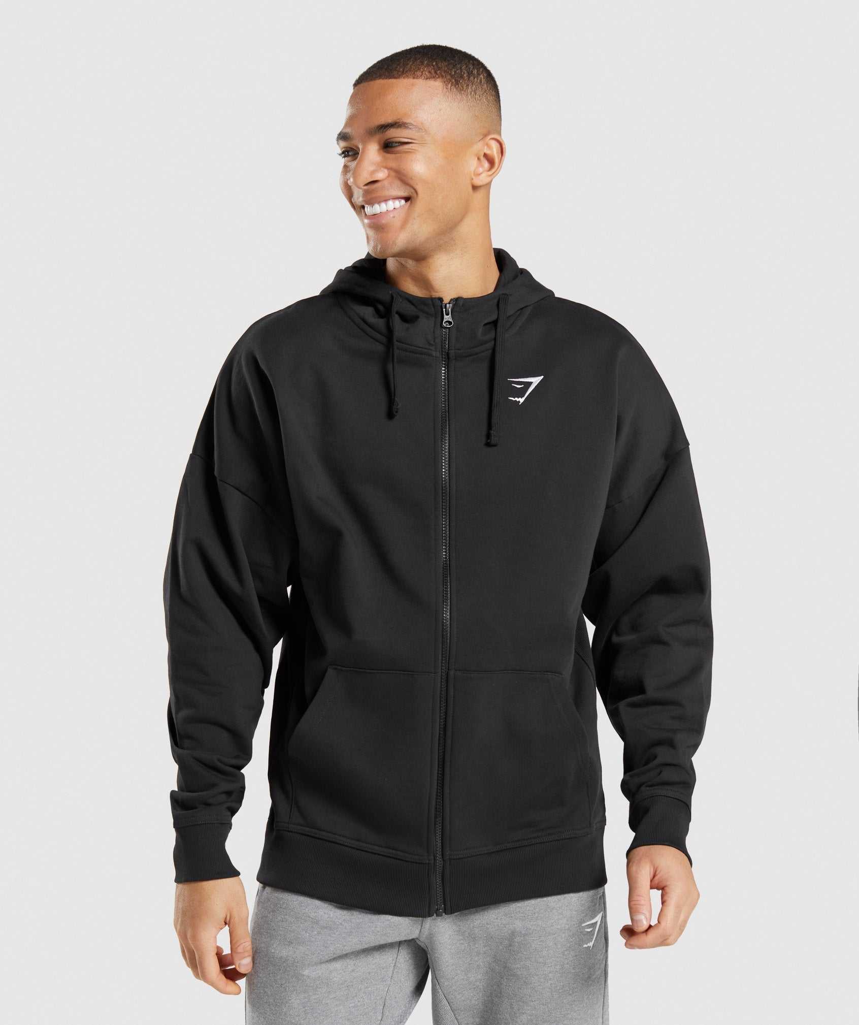 Gymshark Essential Oversized Zip Up Hoodie Zwart | KROV40815